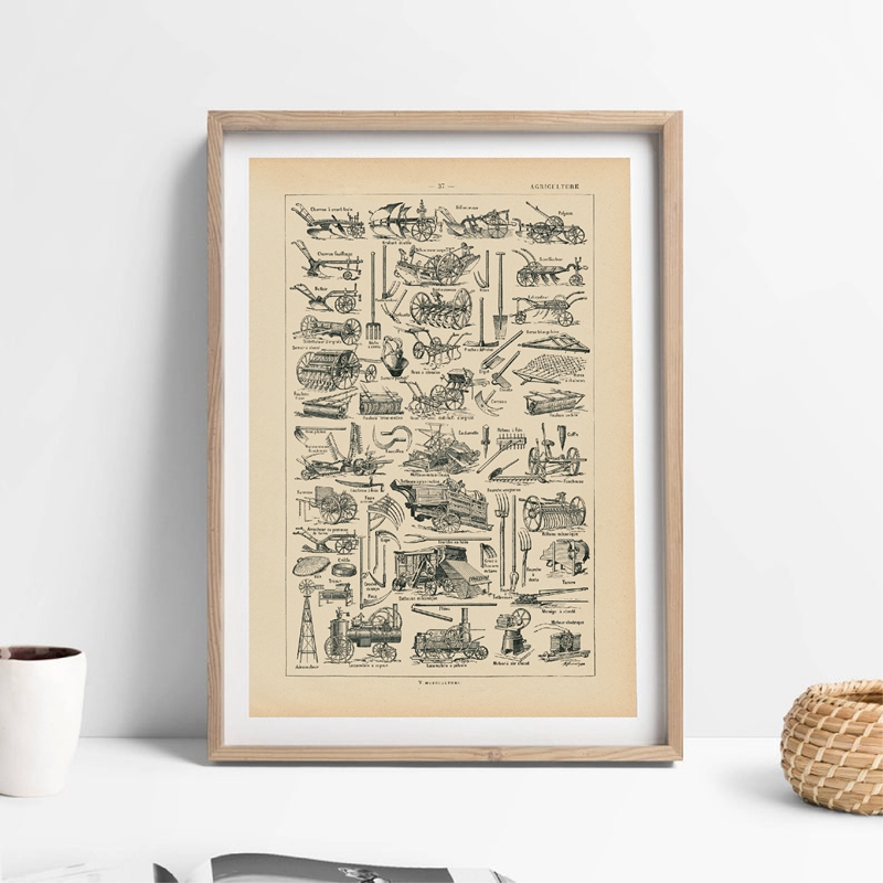 Agriculture Farming Poster - Landbouw Apparatuur Landbouwwerktuigen Antieke Print Encyclopedie